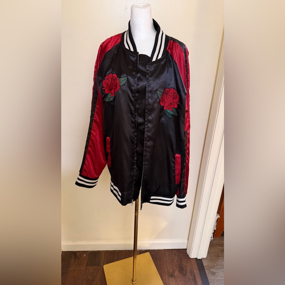 Carbon Black and Red Floral Bomber Jacket - Picture 8 of 13